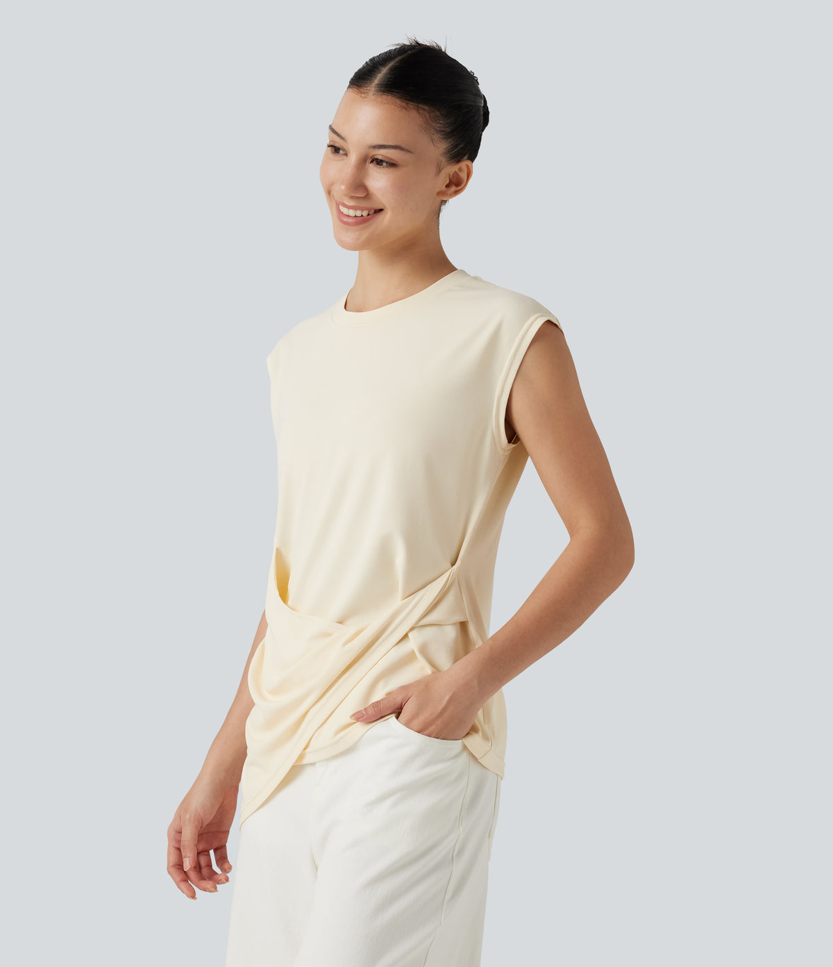 Round Neck Cap Sleeve Asymmetric Twisted Hem Casual Top — Antique White — view 3