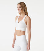 OneForm Seamless Flow Low Support Racerback Zip Fly Built-in Bra Yoga Sports Bra — White — view 3