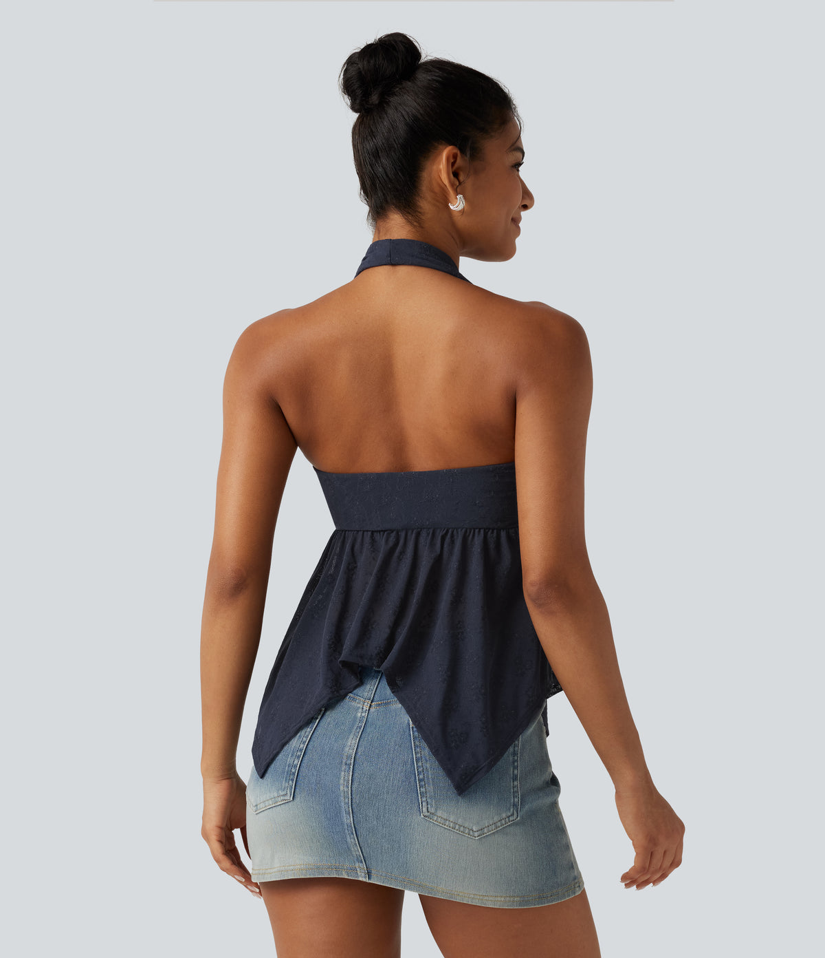 Halter Backless Ruffle Hem Built-in Bra Casual Lace Blouse — Mood Indigo — view 2