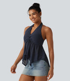 Halter Backless Ruffle Hem Built-in Bra Casual Lace Blouse — Mood Indigo — view 4