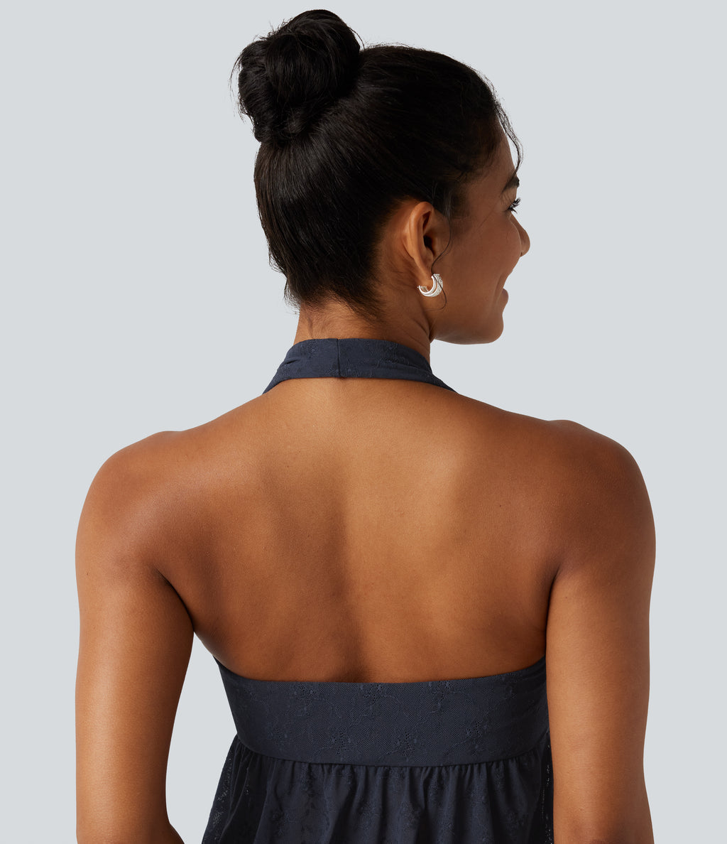 Halter Backless Ruffle Hem Built-in Bra Casual Lace Blouse — Mood Indigo — view 5