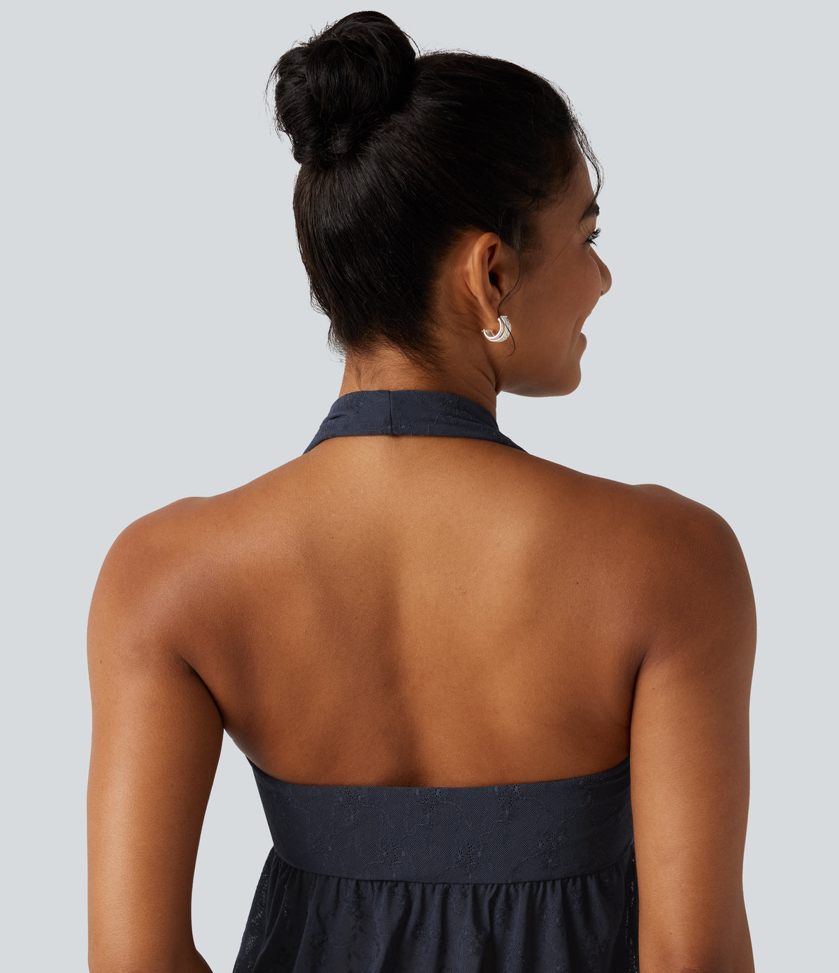 Halter Backless Ruffle Hem Built-in Bra Casual Lace Blouse — Mood Indigo — view 5