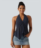 Halter Backless Ruffle Hem Built-in Bra Casual Lace Blouse — Mood Indigo — view 3