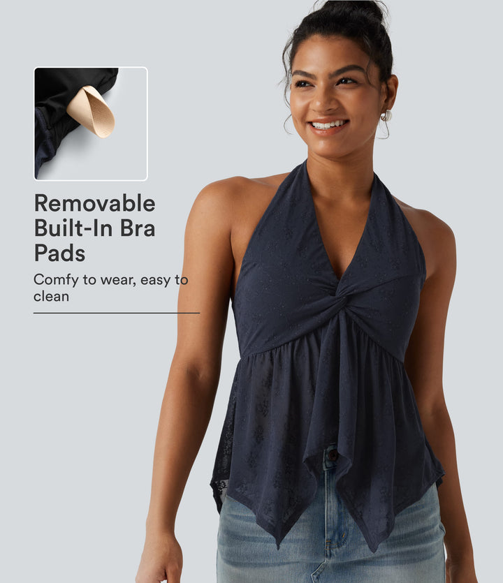 Halter Backless Ruffle Hem Built-in Bra Casual Lace Blouse — Mood Indigo — view 1