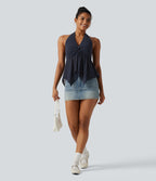 Halter Backless Ruffle Hem Built-in Bra Casual Lace Blouse — Mood Indigo — view 6