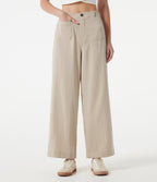 High Waisted Wide Leg Casual Linen-Feel Trousers with Pockets — Dune Mirage — view 3