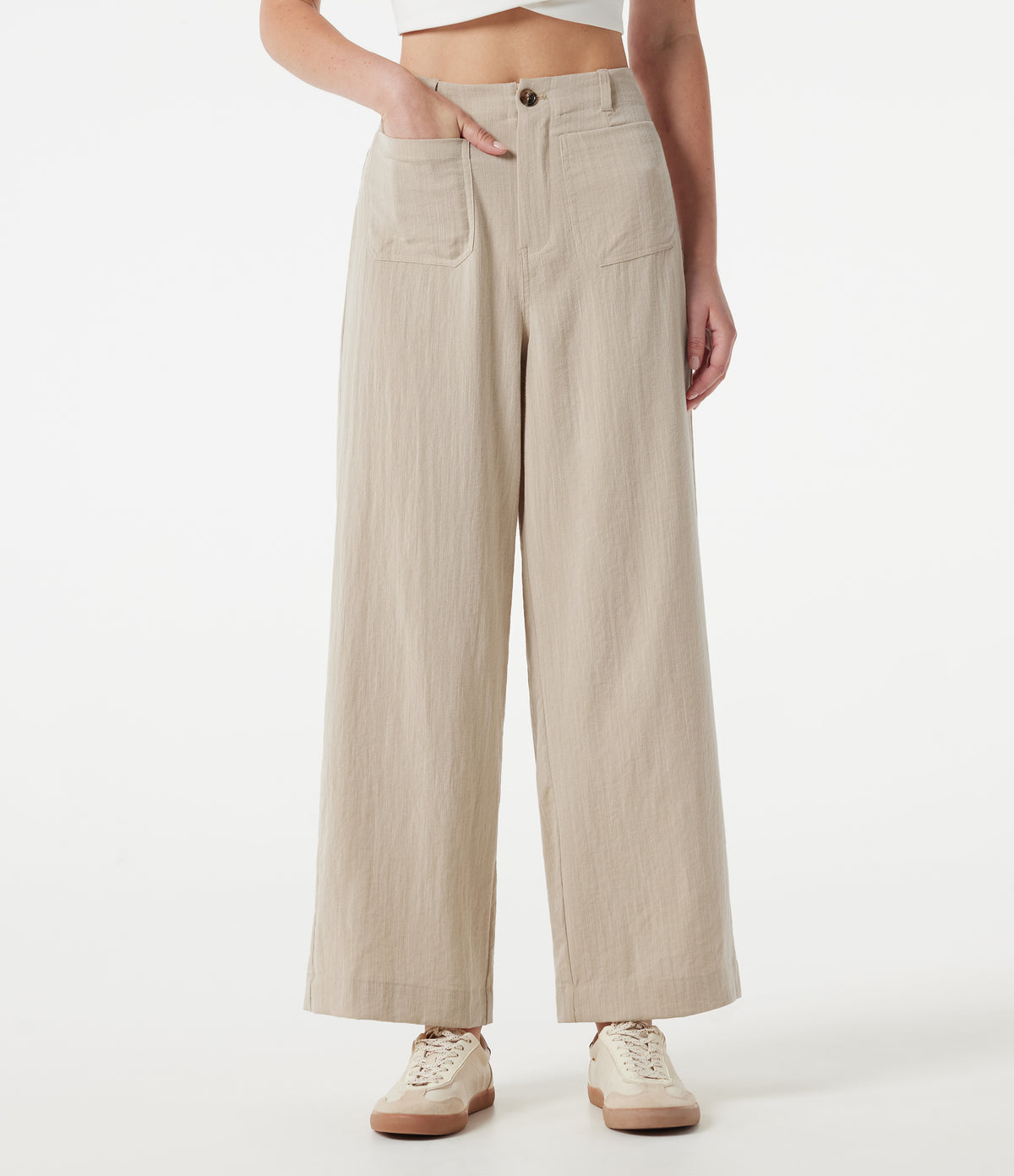 High Waisted Wide Leg Casual Linen-Feel Trousers with Pockets — Dune Mirage — view 3