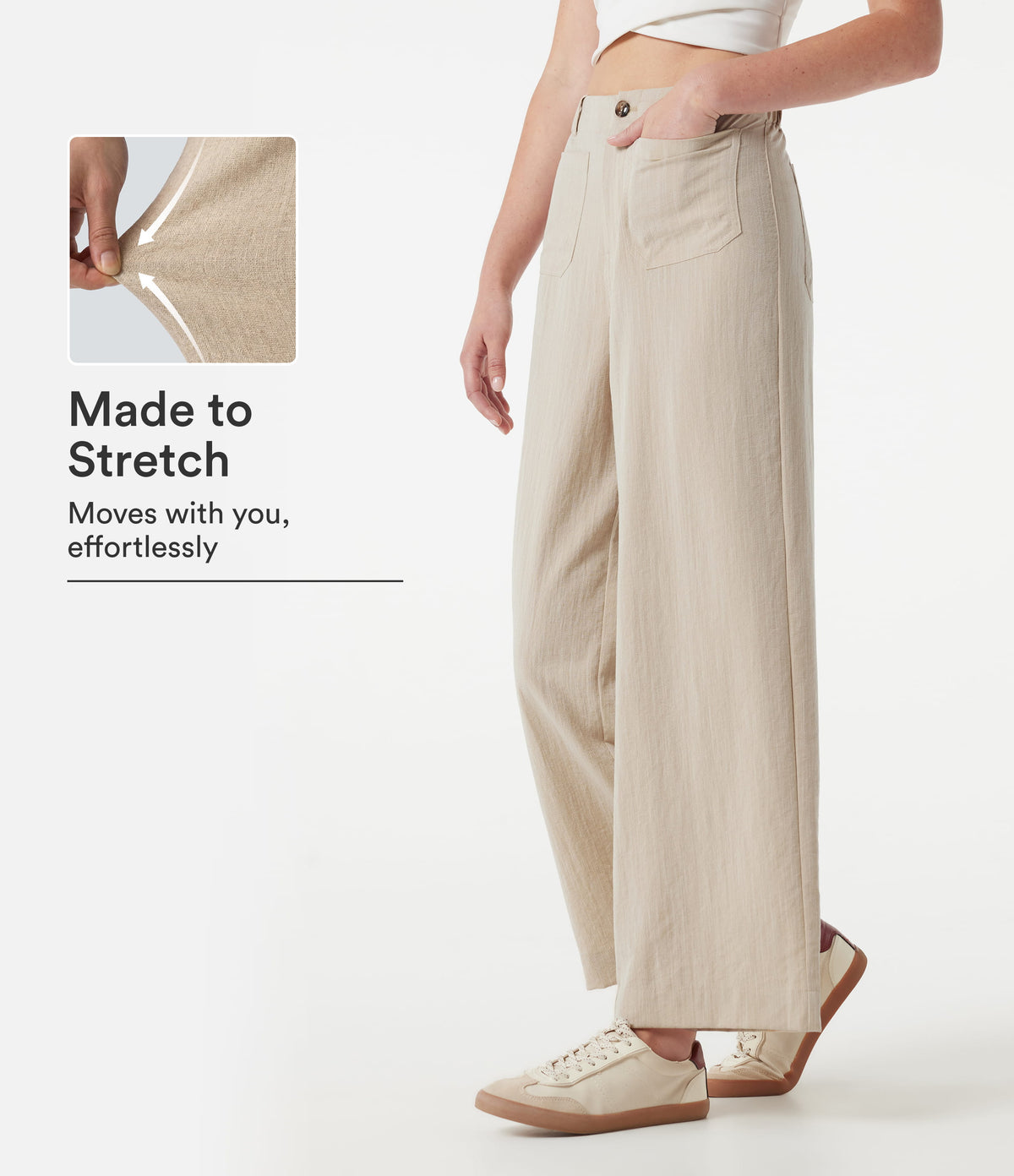 High Waisted Wide Leg Casual Linen-Feel Trousers with Pockets — Dune Mirage — view 1