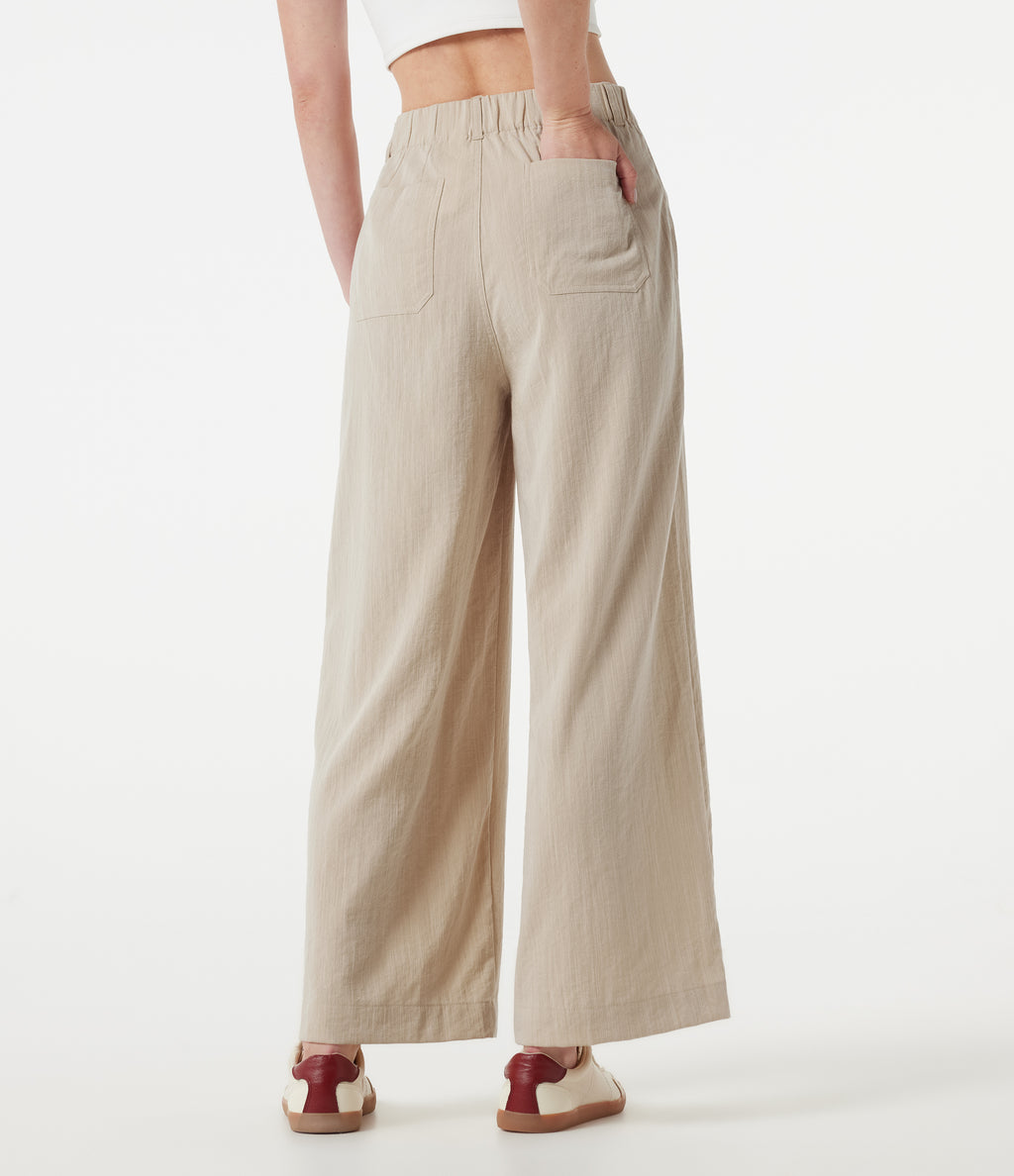 High Waisted Wide Leg Casual Linen-Feel Trousers with Pockets — Dune Mirage — view 2