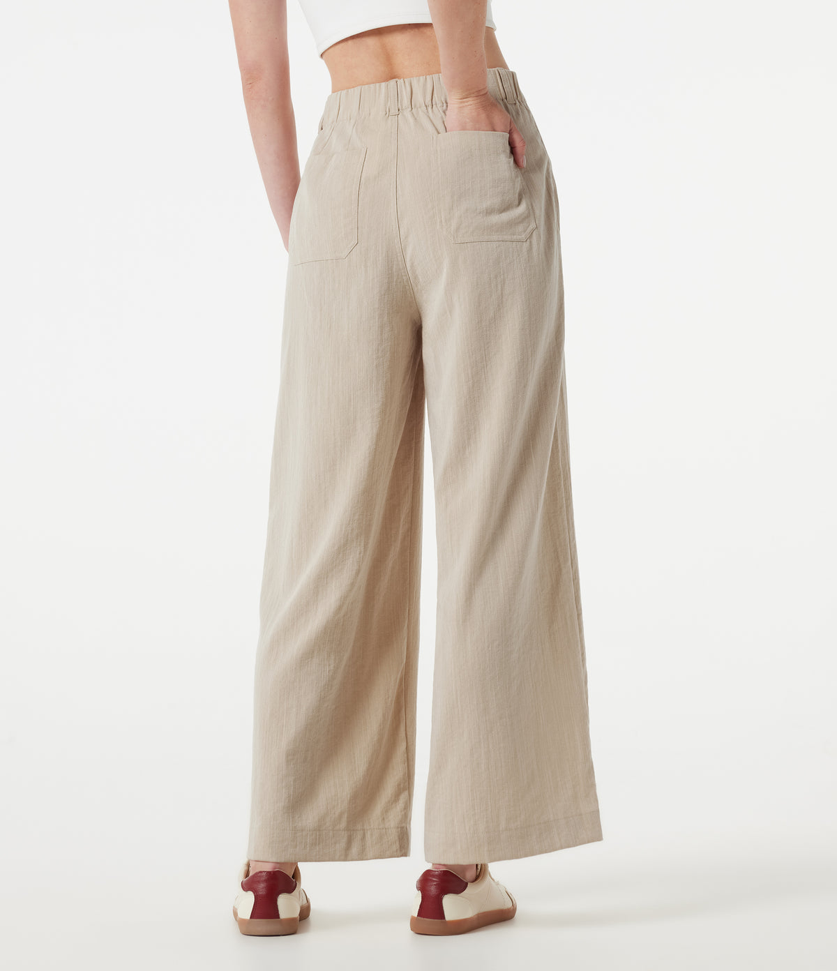 High Waisted Wide Leg Casual Linen-Feel Trousers with Pockets — Dune Mirage — view 2