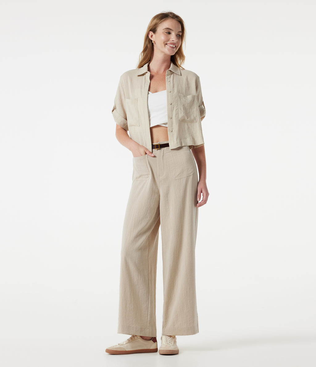 High Waisted Wide Leg Casual Linen-Feel Trousers with Pockets — Dune Mirage — view 7
