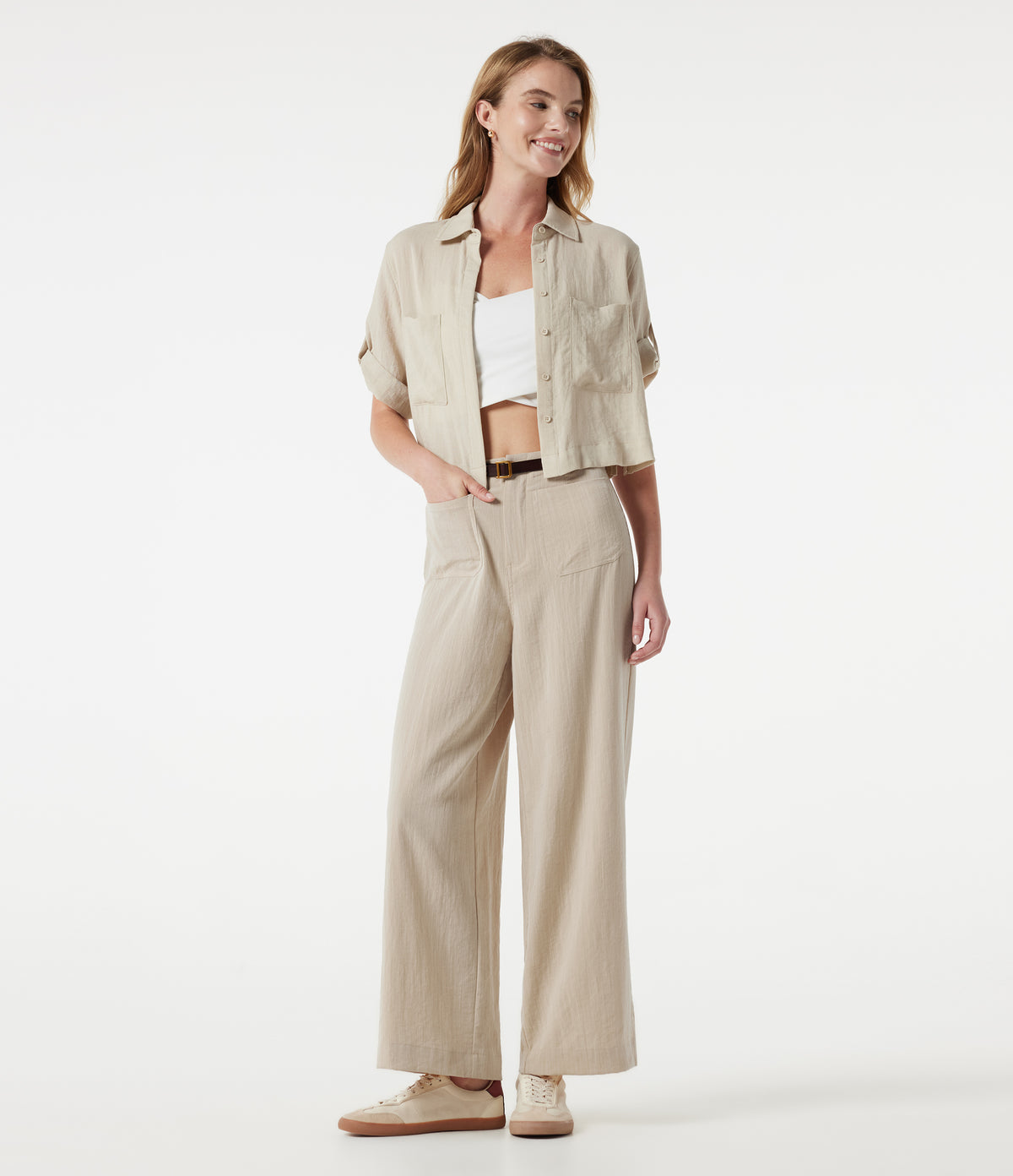 High Waisted Wide Leg Casual Linen-Feel Trousers with Pockets — Dune Mirage — view 7