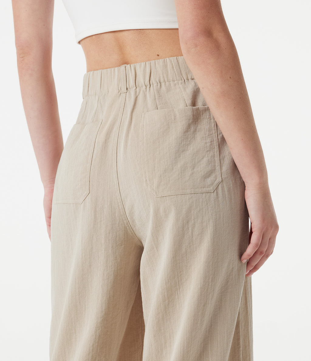 High Waisted Wide Leg Casual Linen-Feel Trousers with Pockets — Dune Mirage — view 5