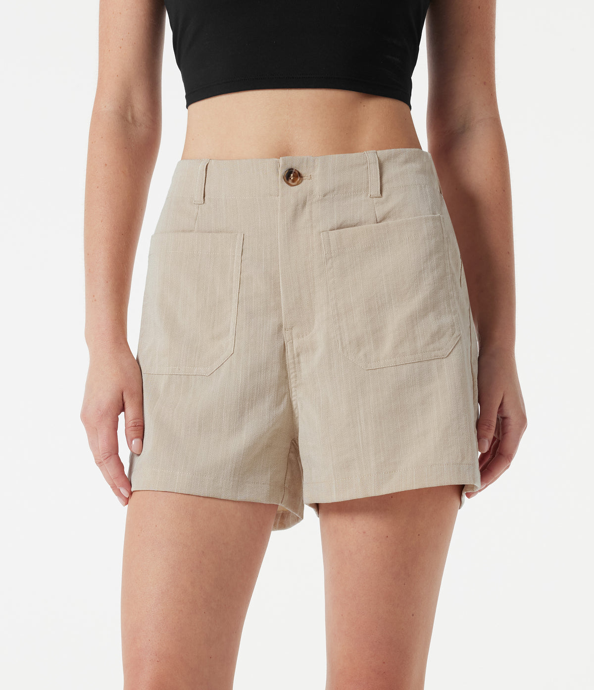 High Waisted Casual Linen-Feel Shorts 3'' with Pockets — Dune Mirage — view 5