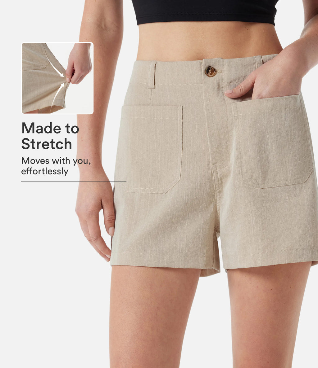 High Waisted Casual Linen-Feel Shorts 3'' with Pockets — Dune Mirage — view 1