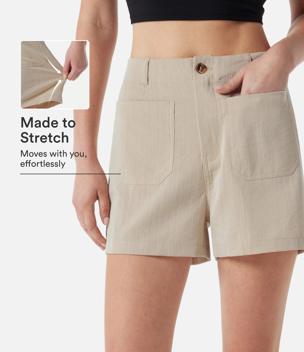 High Waisted Casual Linen-Feel Shorts 3'' with Pockets — Dune Mirage — view 1