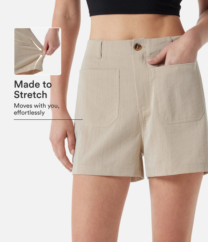 High Waisted Casual Linen-Feel Shorts 3'' with Pockets — Dune Mirage — view 1