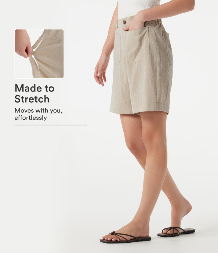 High Waisted Casual Linen-Feel Shorts 7'' with Pockets — Dune Mirage — view 1