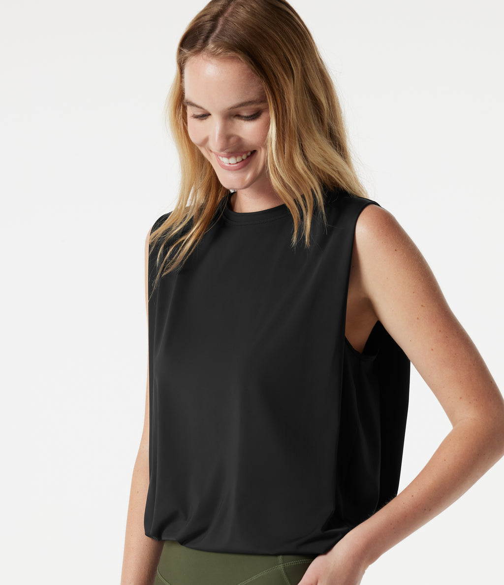 Round Neck Sleeveless InstantCool Yoga Bodysuit-UPF50+ — Black — view 9