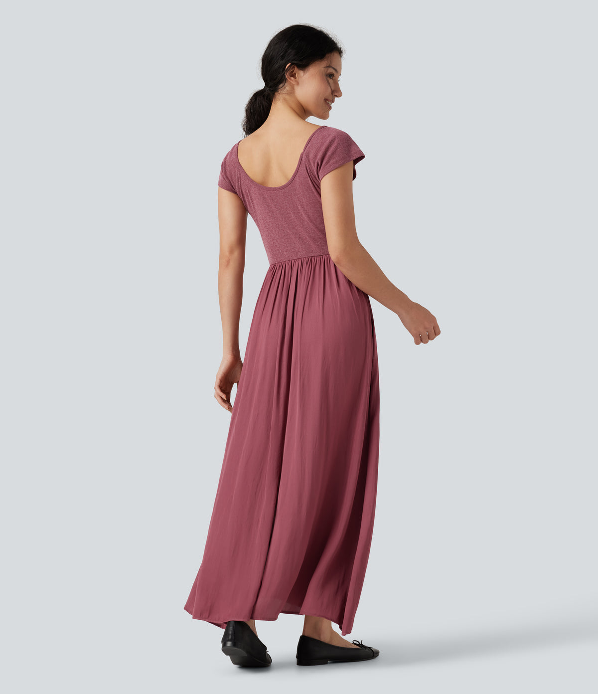U Neck Short Sleeve Flowy Maxi Casual Dress — Dry Rose — view 2