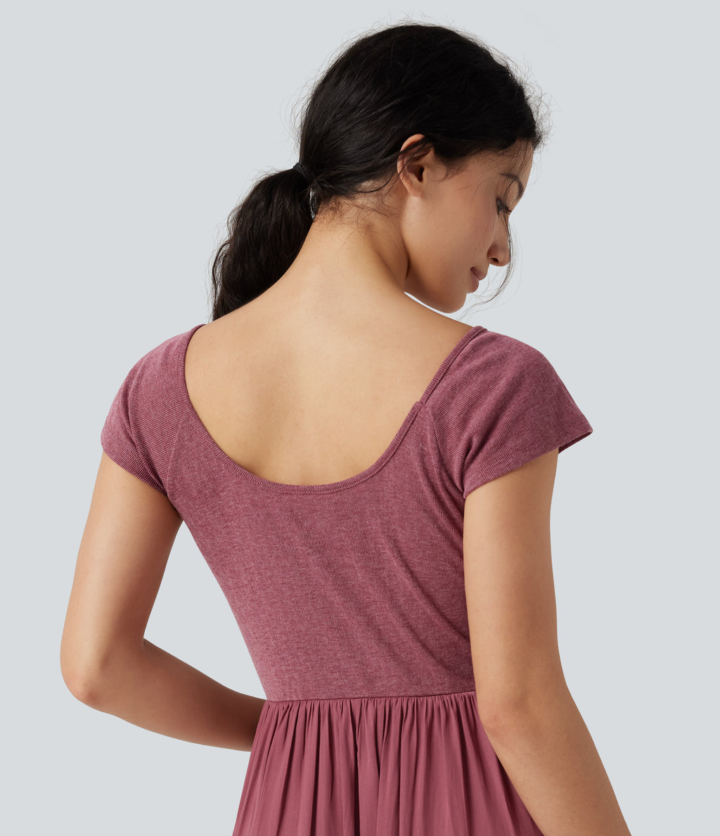 U Neck Short Sleeve Flowy Maxi Casual Dress — Dry Rose — view 4