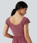 U Neck Short Sleeve Flowy Maxi Casual Dress — Dry Rose — view 4