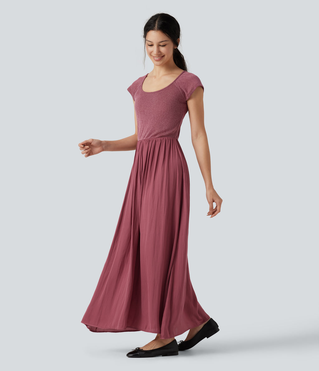U Neck Short Sleeve Flowy Maxi Casual Dress — Dry Rose — view 1
