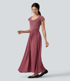 U Neck Short Sleeve Flowy Maxi Casual Dress — Dry Rose — view 1