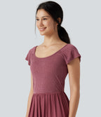 U Neck Short Sleeve Flowy Maxi Casual Dress — Dry Rose — view 5