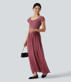 U Neck Short Sleeve Flowy Maxi Casual Dress — Dry Rose — view 6