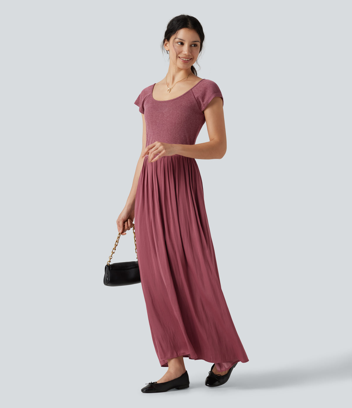 U Neck Short Sleeve Flowy Maxi Casual Dress — Dry Rose — view 6