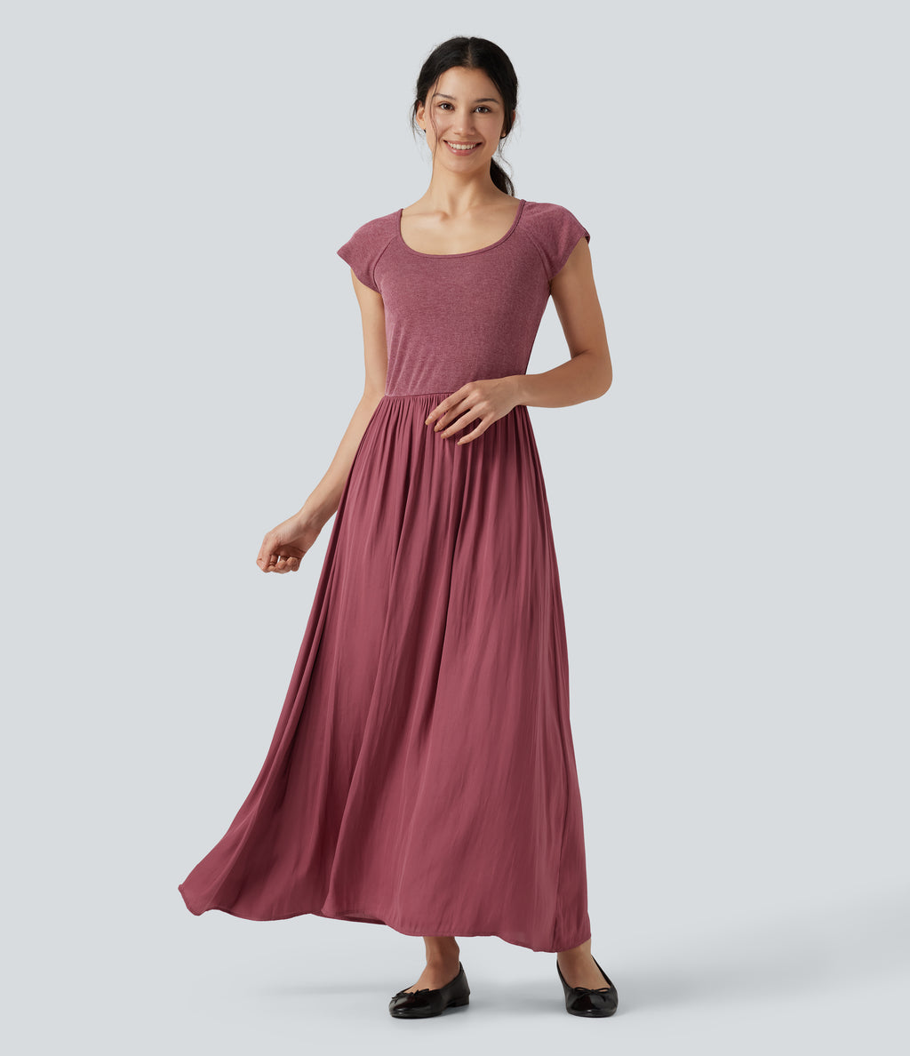 U Neck Short Sleeve Flowy Maxi Casual Dress — Dry Rose — view 3