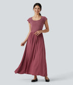U Neck Short Sleeve Flowy Maxi Casual Dress — Dry Rose — view 3