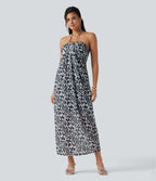 Halter Tie Back Built-in Bra Leopard Print Maxi Dress — Gray Leopard Denim — view 3
