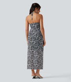 Halter Tie Back Built-in Bra Leopard Print Maxi Dress — Gray Leopard Denim — view 2
