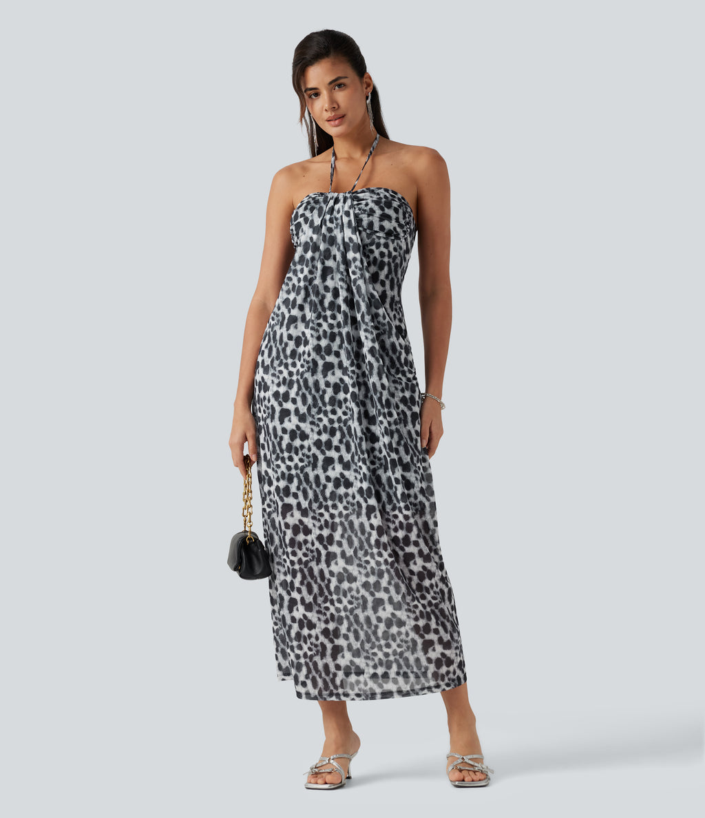 Halter Tie Back Built-in Bra Leopard Print Maxi Dress — Gray Leopard Denim — view 8