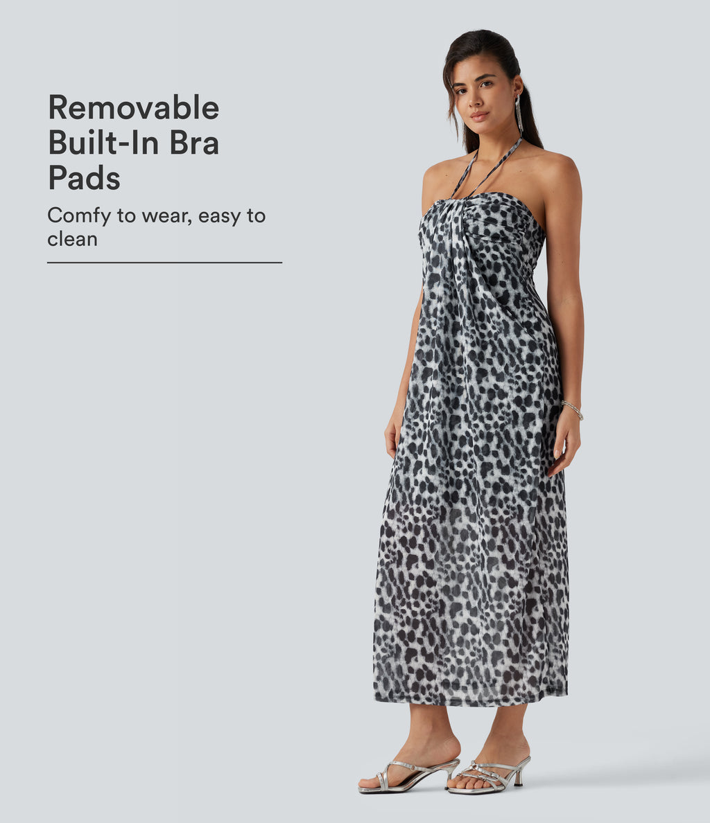 Halter Tie Back Built-in Bra Leopard Print Maxi Dress — Gray Leopard Denim — view 1