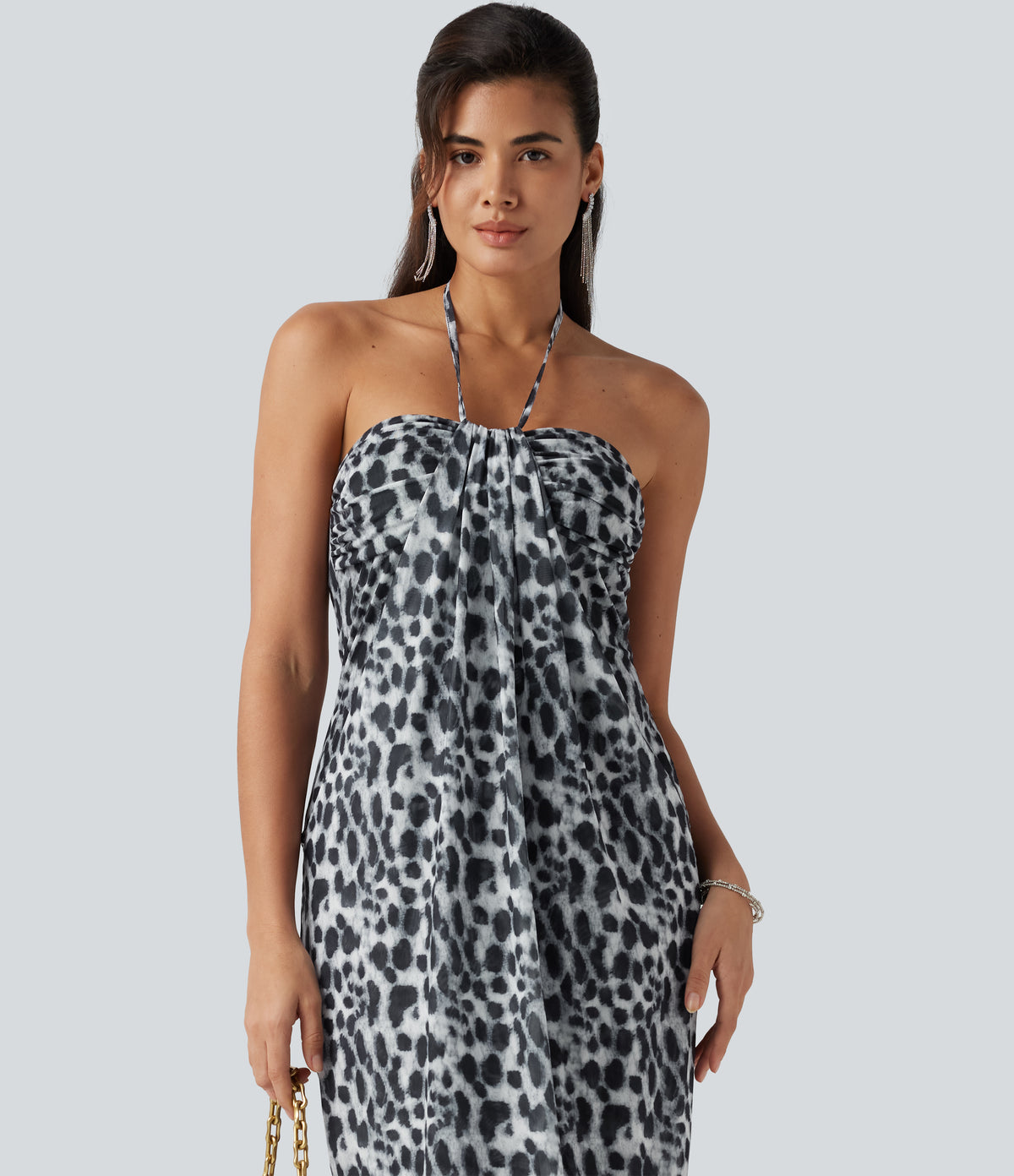 Halter Tie Back Built-in Bra Leopard Print Maxi Dress — Gray Leopard Denim — view 4