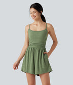 Built-in Bra Ruched 2-in-1 Heathered Casual Playsuit with Pockets-Edition — Light Green Floral Yarn — view 1