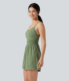 Built-in Bra Ruched 2-in-1 Heathered Casual Playsuit with Pockets-Edition — Light Green Floral Yarn — view 3