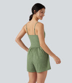 Built-in Bra Ruched 2-in-1 Heathered Casual Playsuit with Pockets-Edition — Light Green Floral Yarn — view 2