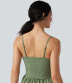 Built-in Bra Ruched 2-in-1 Heathered Casual Playsuit with Pockets-Edition — Light Green Floral Yarn — view 5