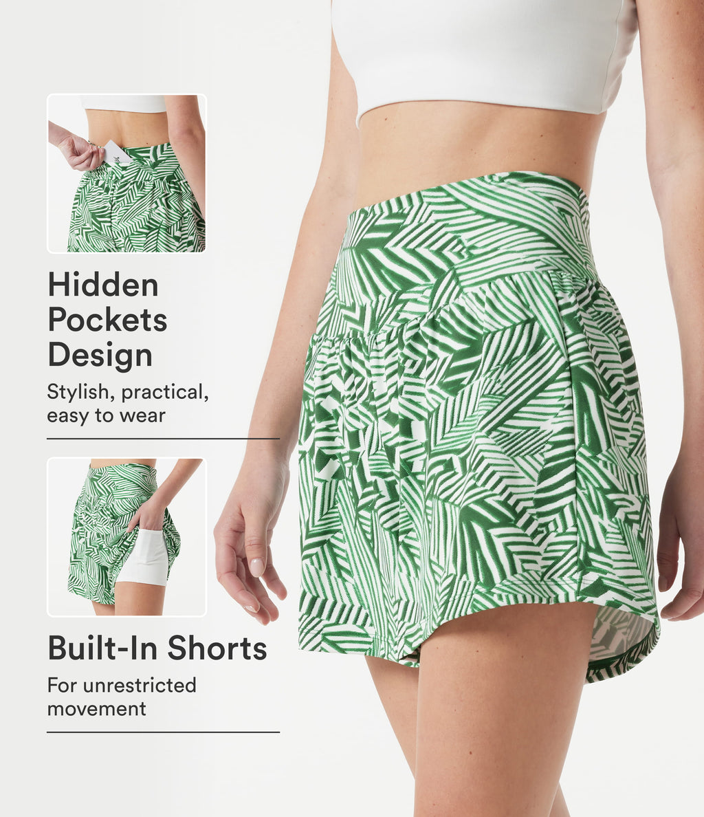 High Waisted 2-in-1 Tropical Plant Print Shorts 5'' with Pockets — Evergreen Palm Maze — view 1