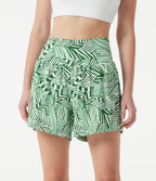 High Waisted 2-in-1 Tropical Plant Print Shorts 5'' with Pockets — Evergreen Palm Maze — view 3