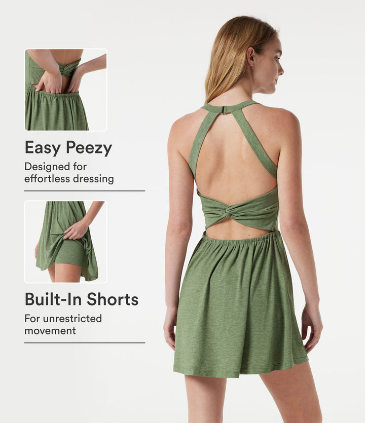 U Neck Built-in Bra 2-in-1 Flowy Mini Casual Dress with Pockets-Edition — Light Green Floral Yarn — view 1
