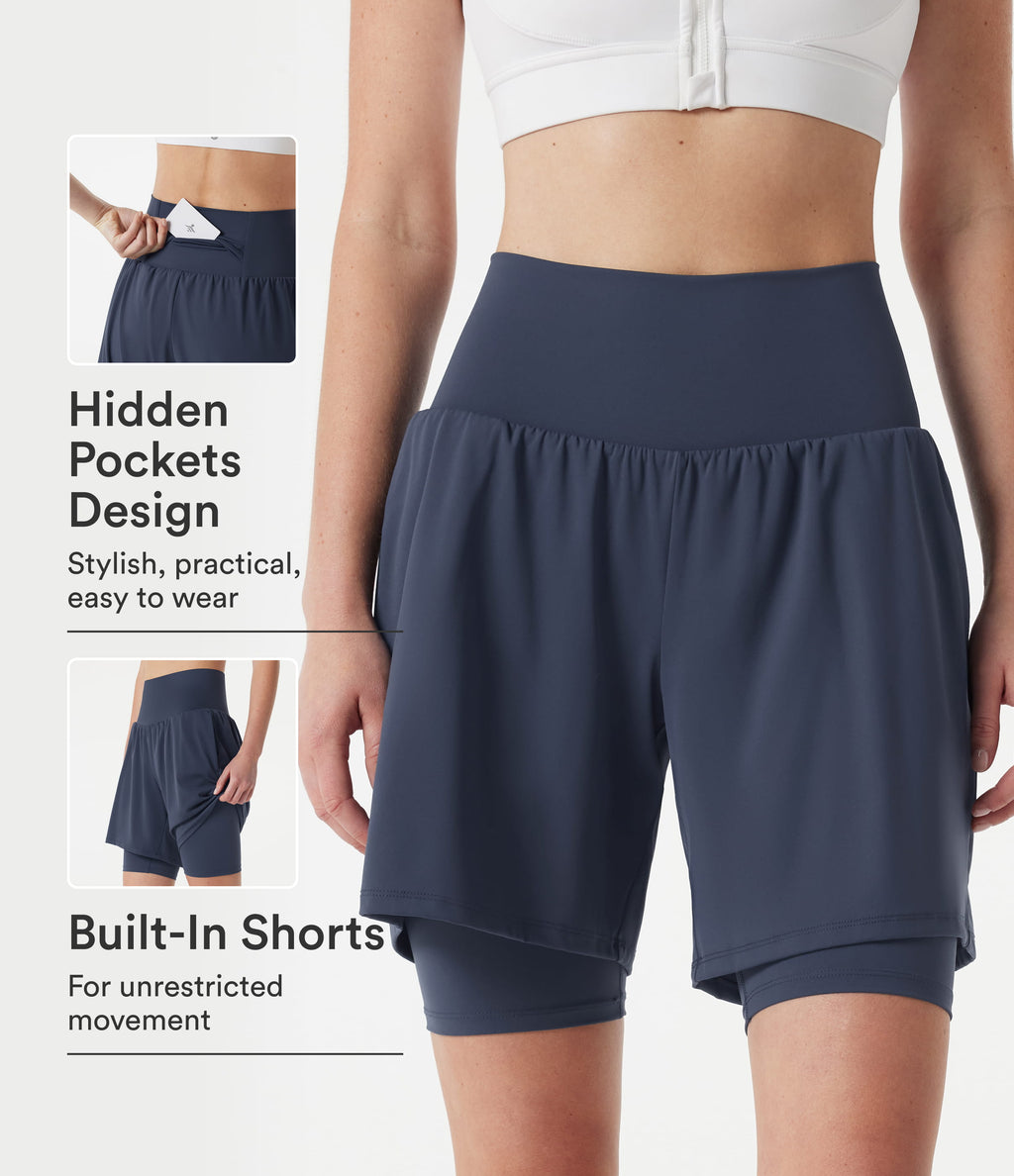 Airy Super High Waisted 2-in-1 InstantCool Yoga Shorts 9'' with Pockets — Mood Indigo — view 1