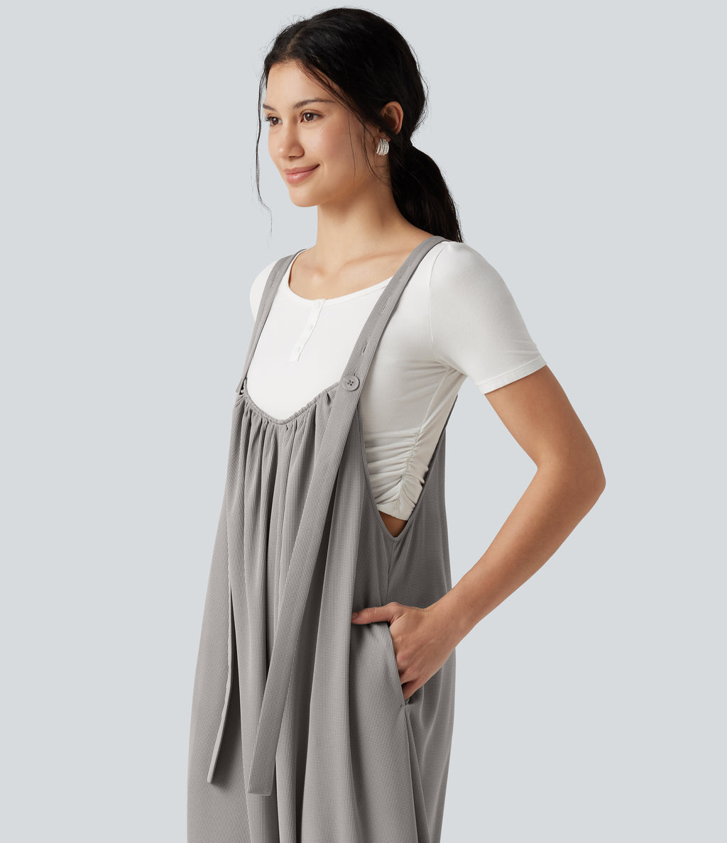 Adjustable Straps Waffle Casual Flowy Baggy Jumpsuit with Pockets — Mourning Dove — view 5