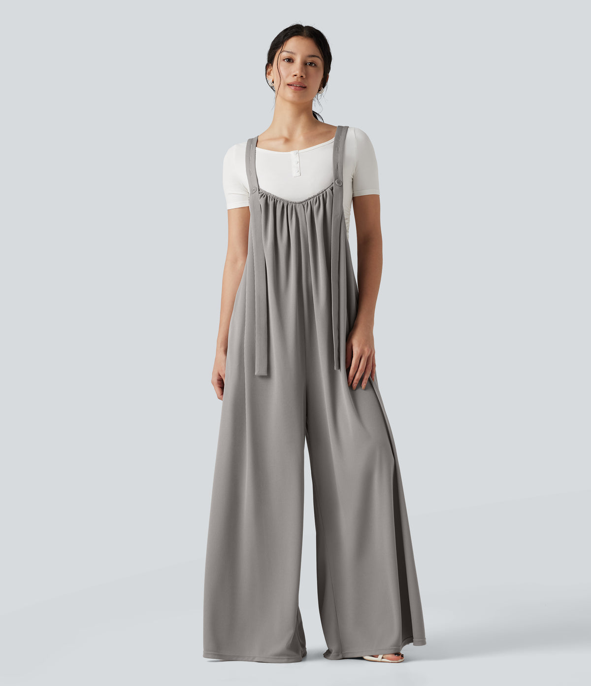 Adjustable Straps Waffle Casual Flowy Baggy Jumpsuit with Pockets — Mourning Dove — view 3