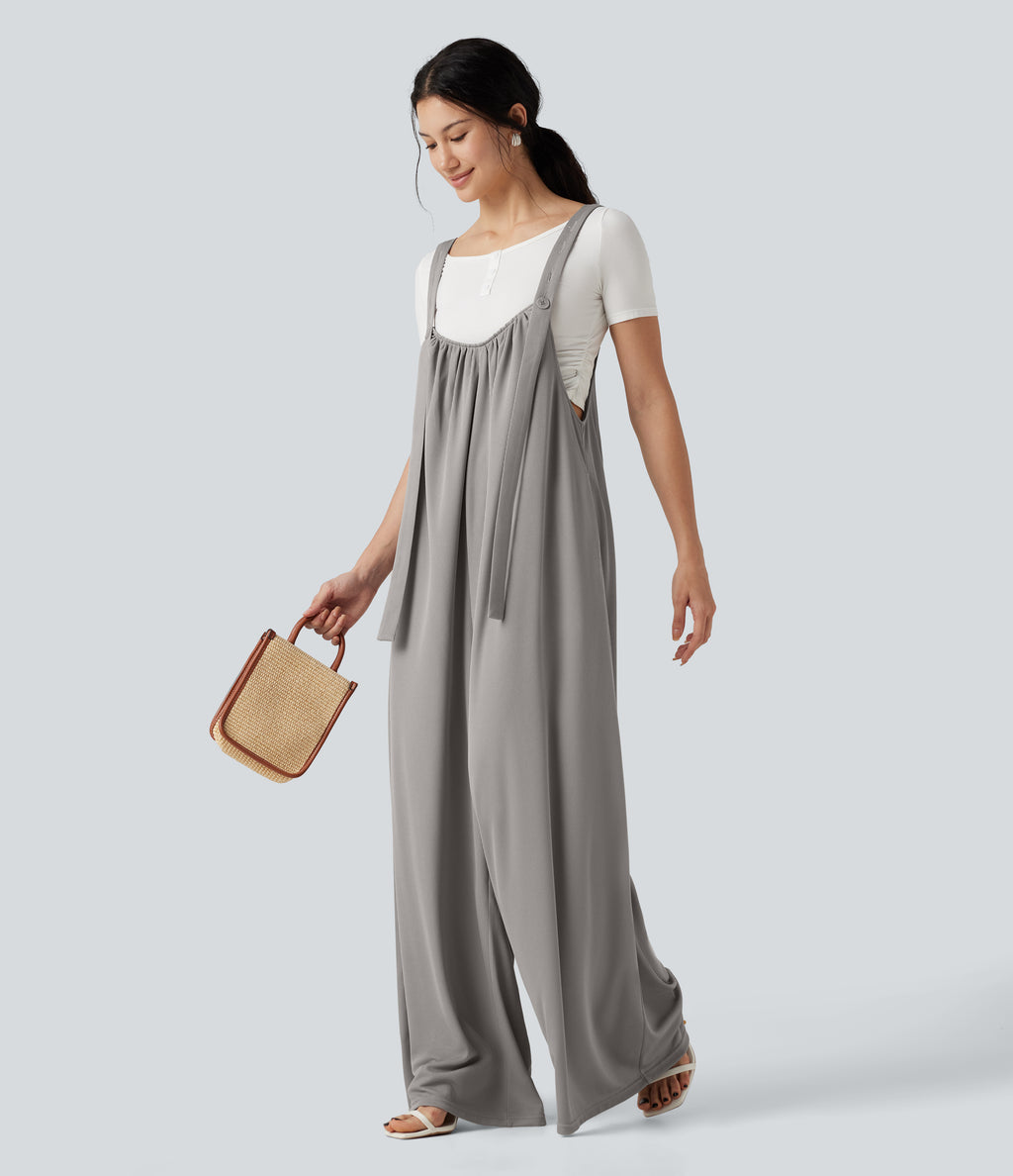 Adjustable Straps Waffle Casual Flowy Baggy Jumpsuit with Pockets — Mourning Dove — view 7