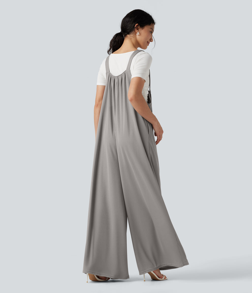 Adjustable Straps Waffle Casual Flowy Baggy Jumpsuit with Pockets — Mourning Dove — view 2